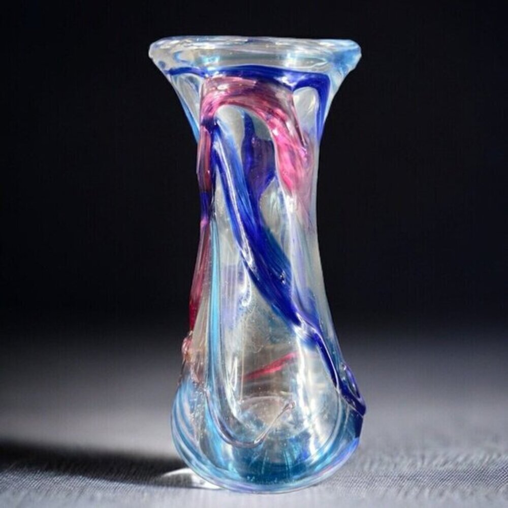 1997 Hand Blown Studio Art Glass Vase‎ Artist Signed JENN Multicolor Threads VTG
